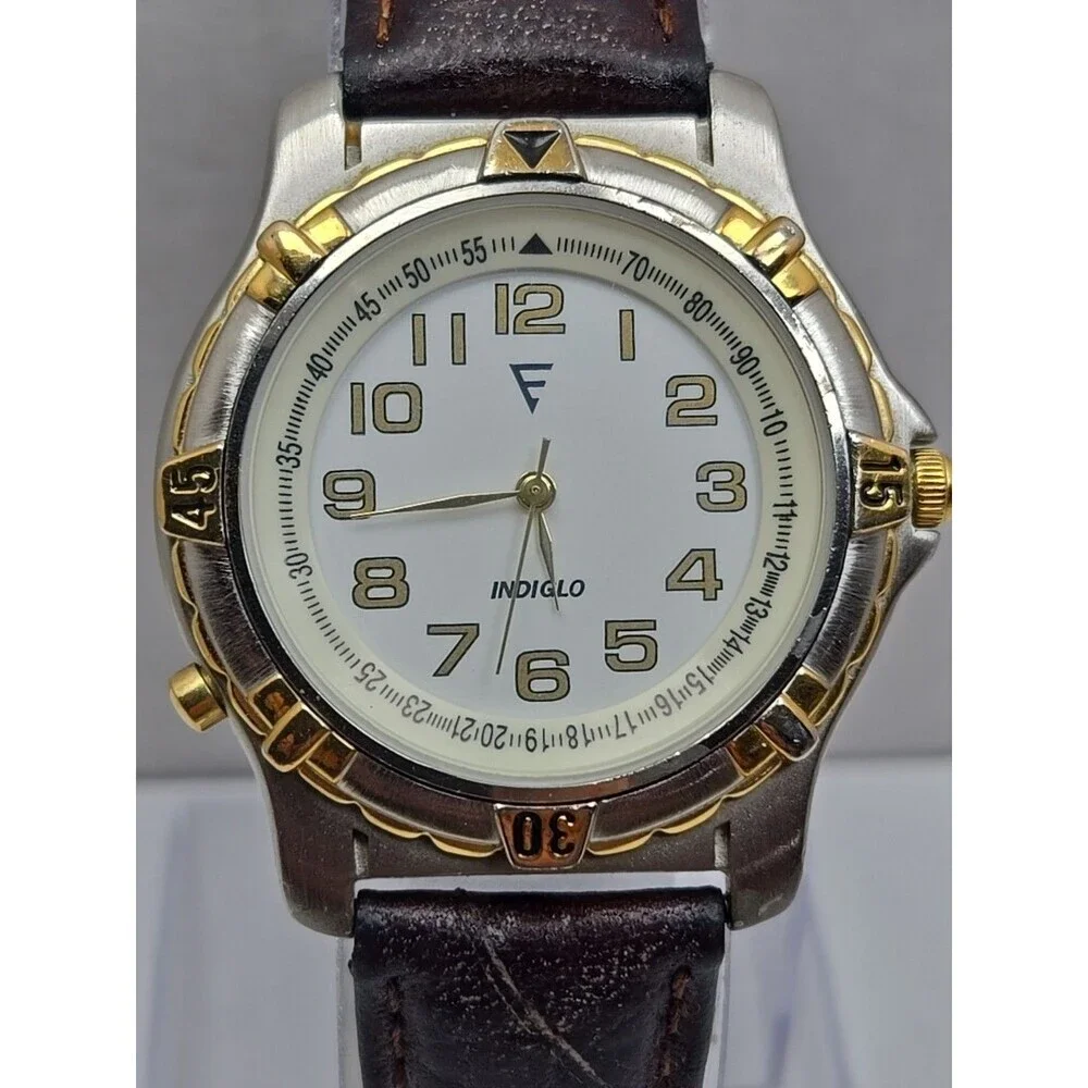 Timex Indiglo Easy Reader Mens Watch Two Tone Rotating Bezel Leather New Battery